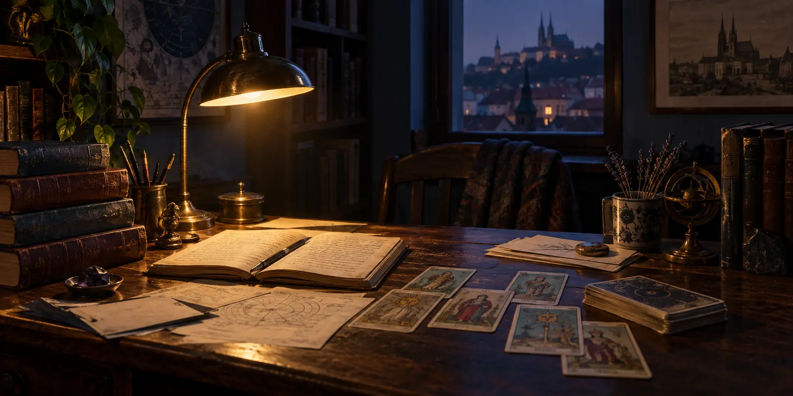 Počátky školy věšteckých umění – studijní materiály, knihy a tarot na pracovním stole